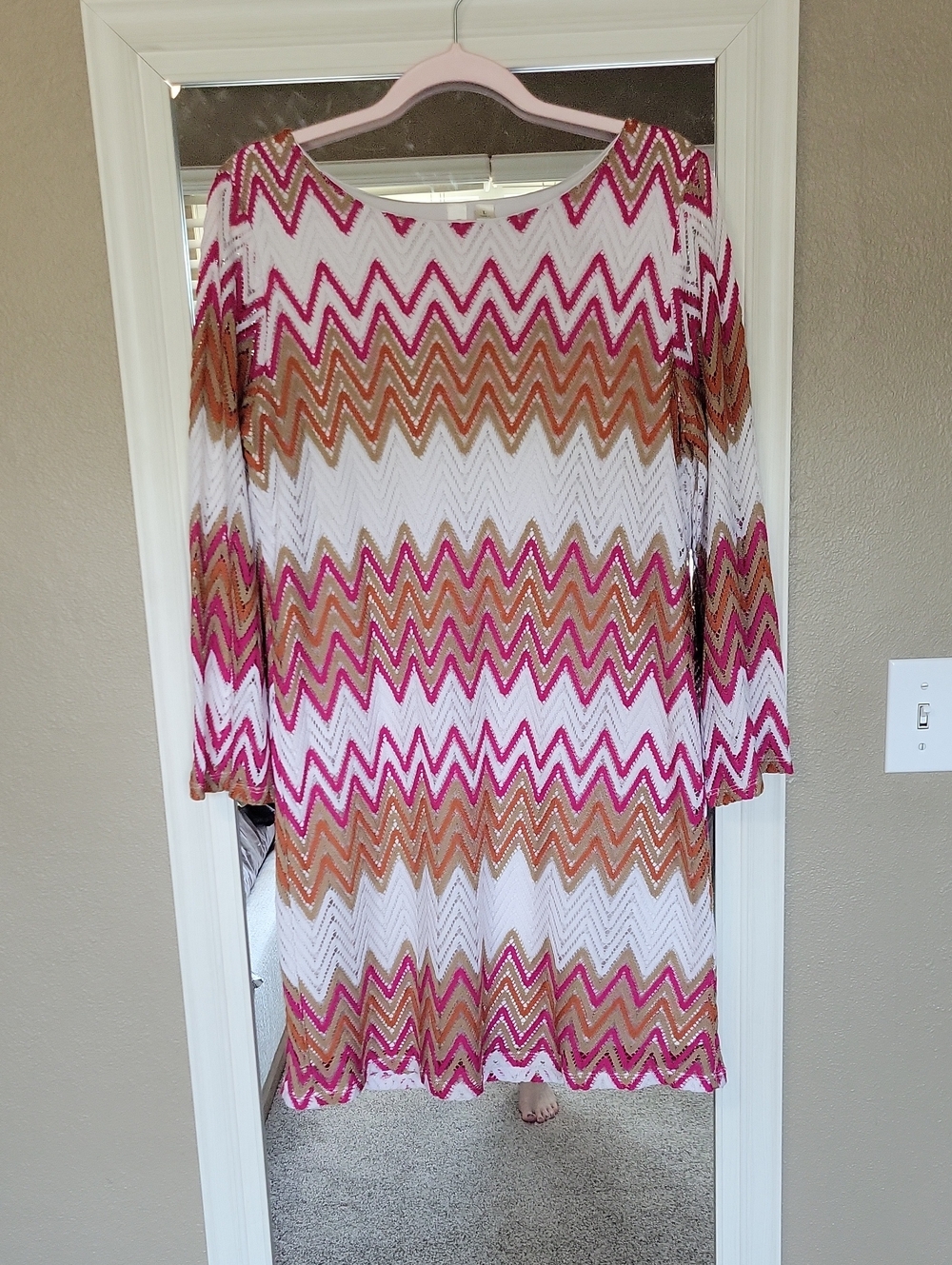 Tacera Women's Chevron Knit Long-Sleeve Dress in White, Pink & Tan